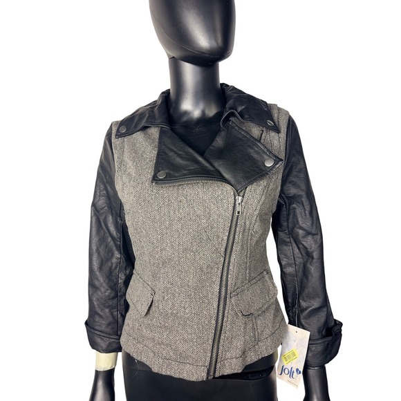 Jolt Moto Jacket Small Herringbone Tweed Faux Leather Sleeves Asymmetrical Zip s - Picture 1 of 10